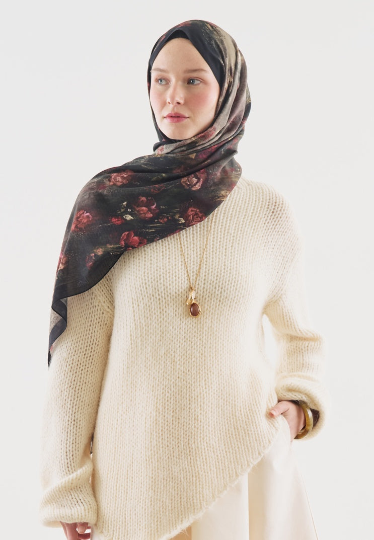 EVELYNE PATTERNED COTTON VISCOSE HIJAB BLACK