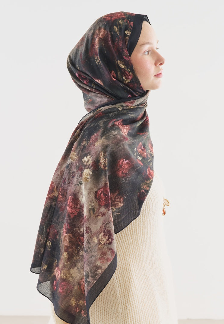 EVELYNE PATTERNED COTTON VISCOSE HIJAB BLACK