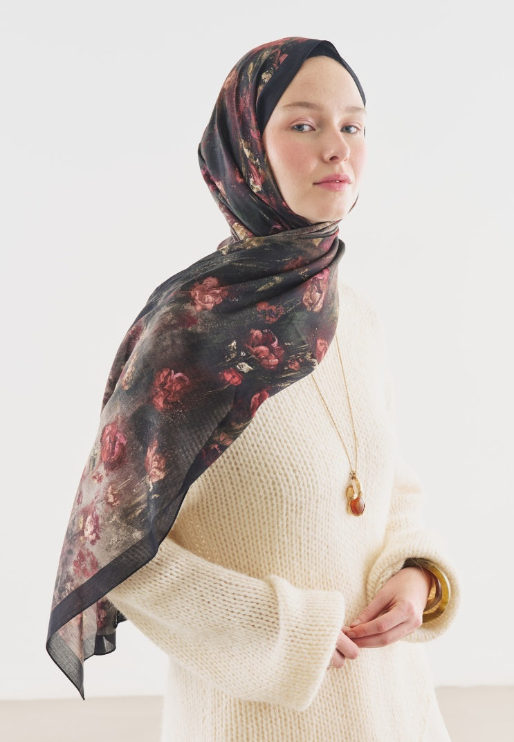 EVELYNE PATTERNED COTTON VISCOSE HIJAB BLACK
