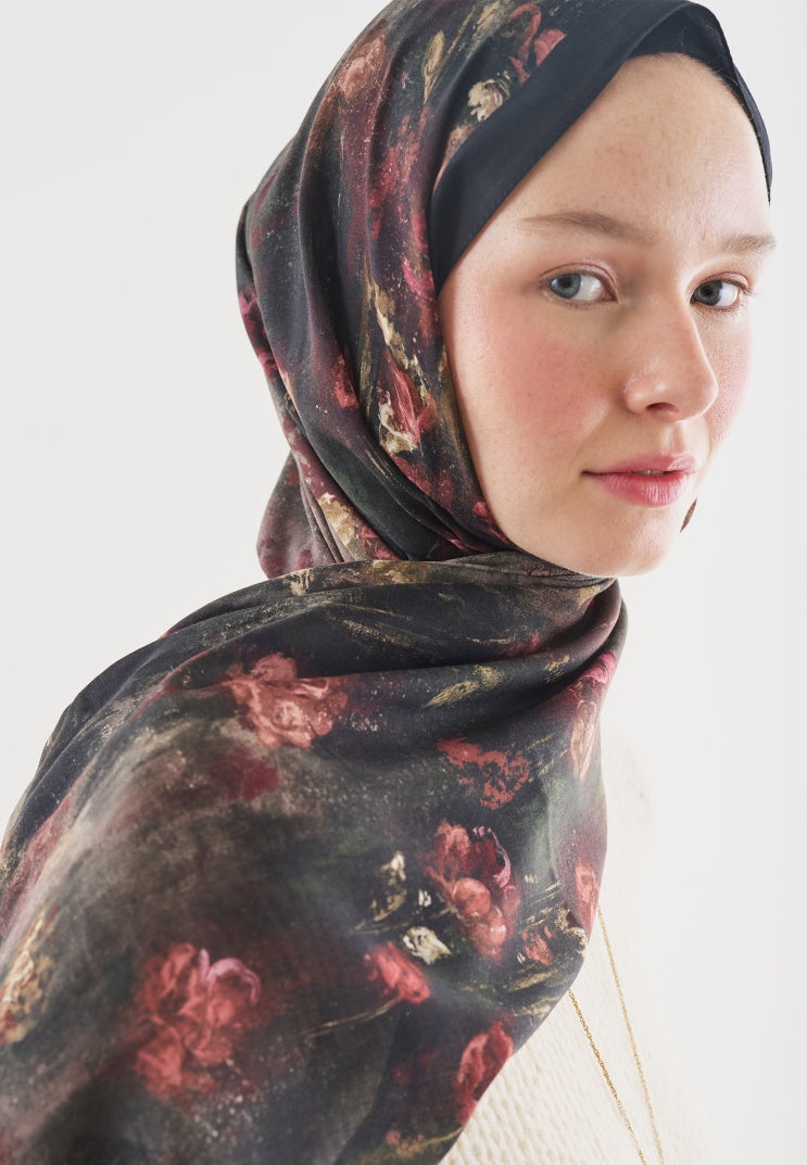 EVELYNE PATTERNED COTTON VISCOSE HIJAB BLACK