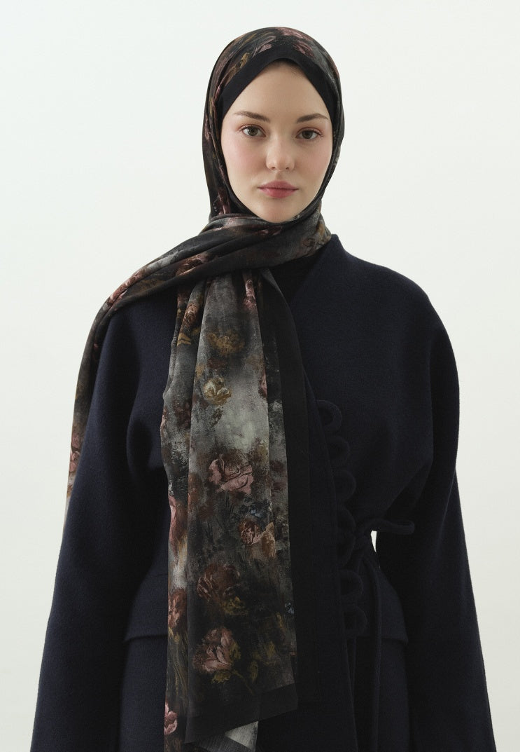 EVELYNE PATTERNED COTTON VISCOSE HIJAB ANTHRACITE