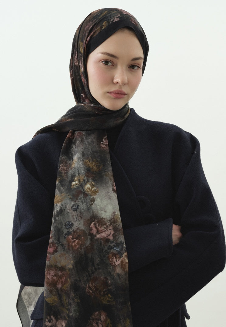 EVELYNE PATTERNED COTTON VISCOSE HIJAB ANTHRACITE