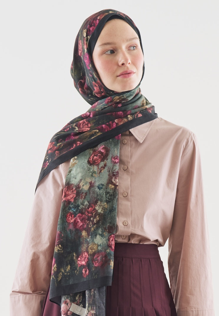 EVELYNE PATTERNED COTTON VISCOSE HIJAB DARK GREEN