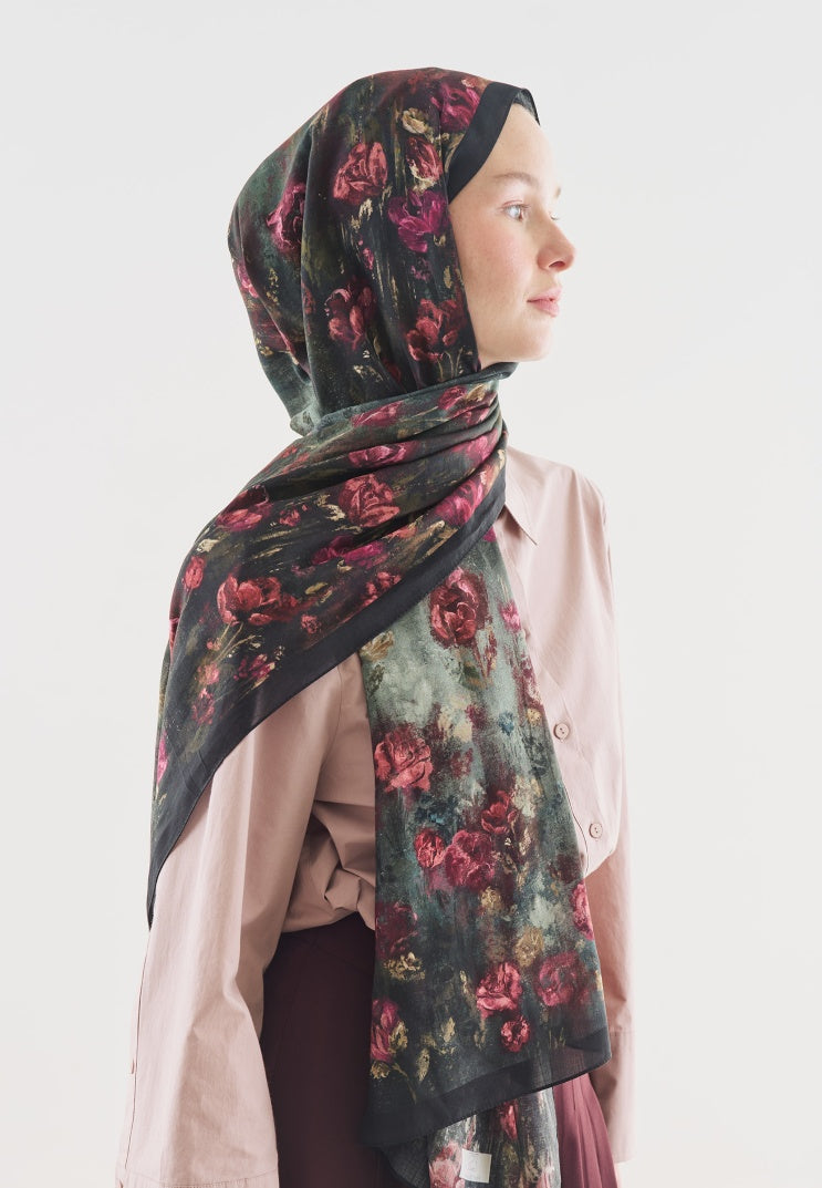 EVELYNE PATTERNED COTTON VISCOSE HIJAB DARK GREEN