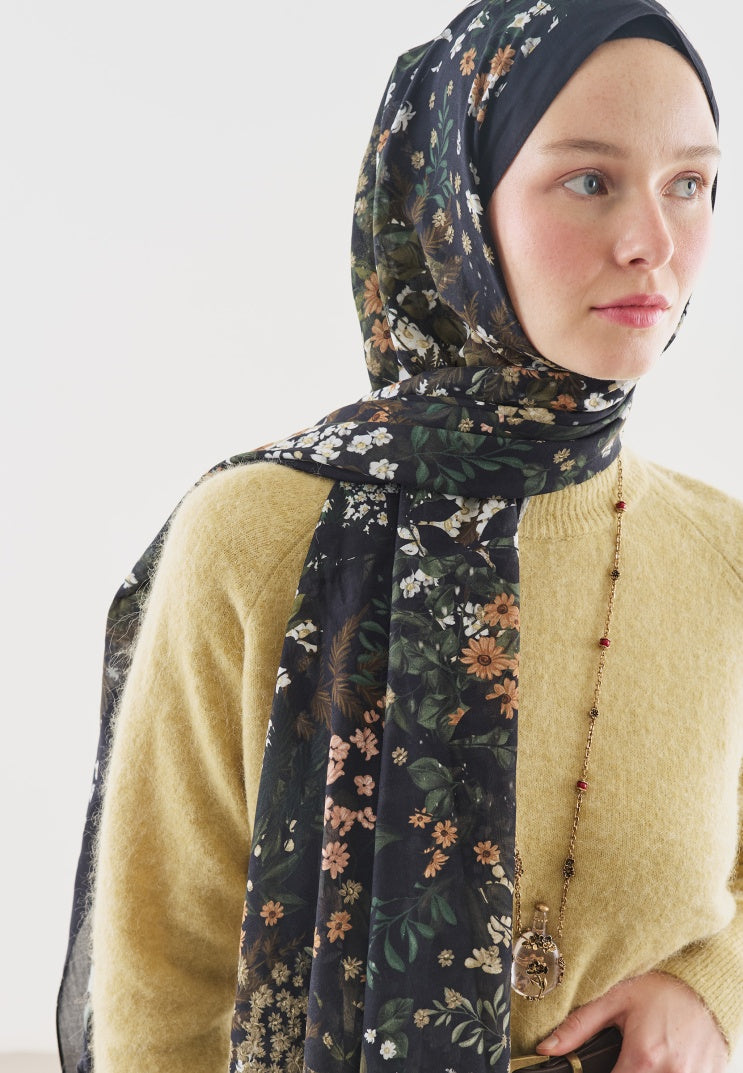AVRIL PATTERNED COTTON VISCOSE HIJAB BLACK