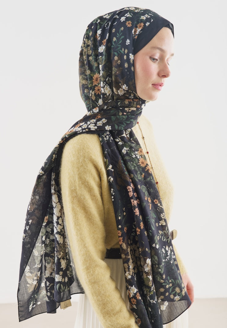 AVRIL PATTERNED COTTON VISCOSE HIJAB BLACK