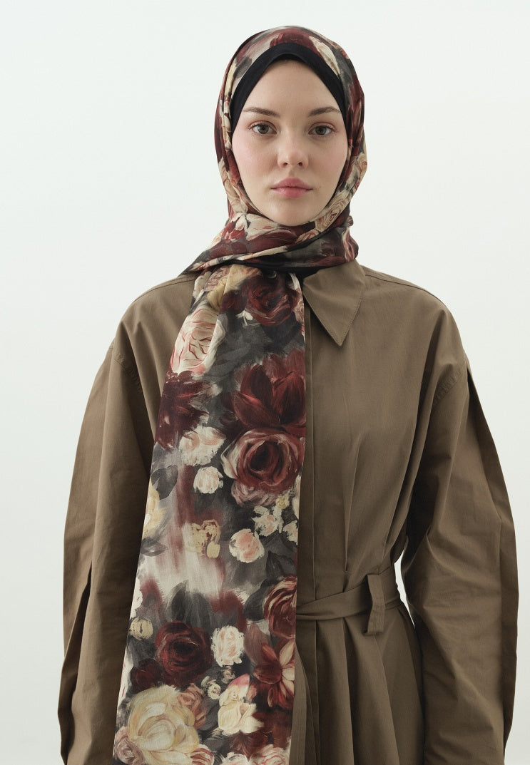 ROSE BREEZE PATTERNED COTTON VISCOSE HIJAB BLACK