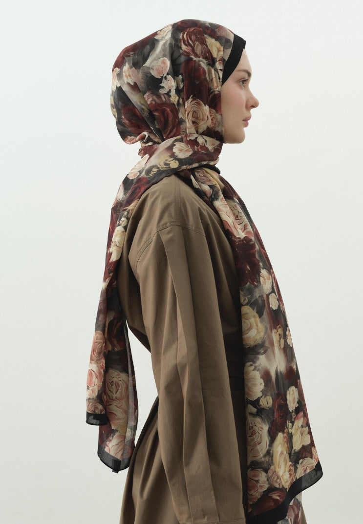 ROSE BREEZE PATTERNED COTTON VISCOSE HIJAB BLACK