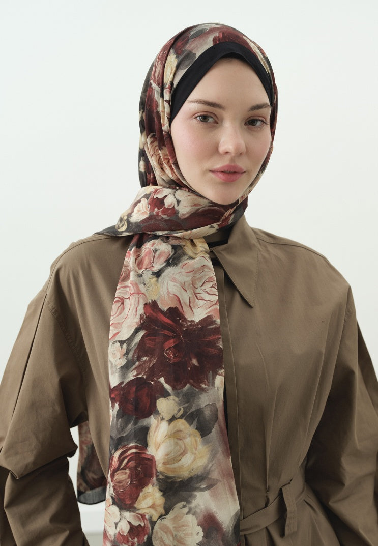 ROSE BREEZE PATTERNED COTTON VISCOSE HIJAB BLACK