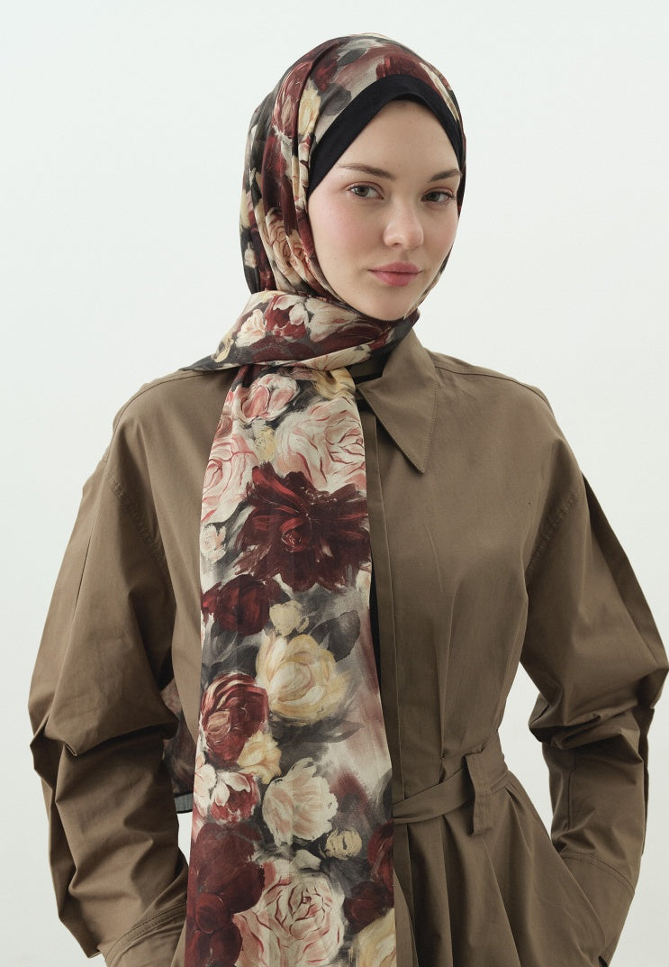 ROSE BREEZE PATTERNED COTTON VISCOSE HIJAB BLACK