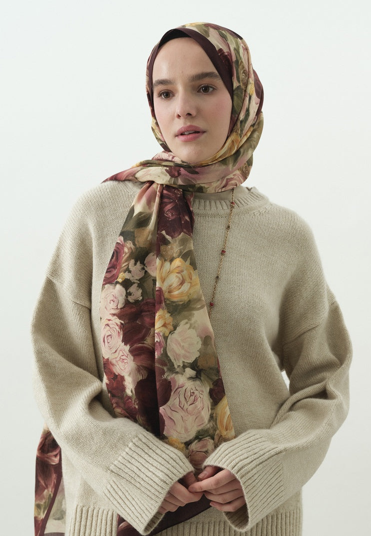 ROSE BREEZE PATTERNED COTTON VISCOSE HIJAB BURGUNDY