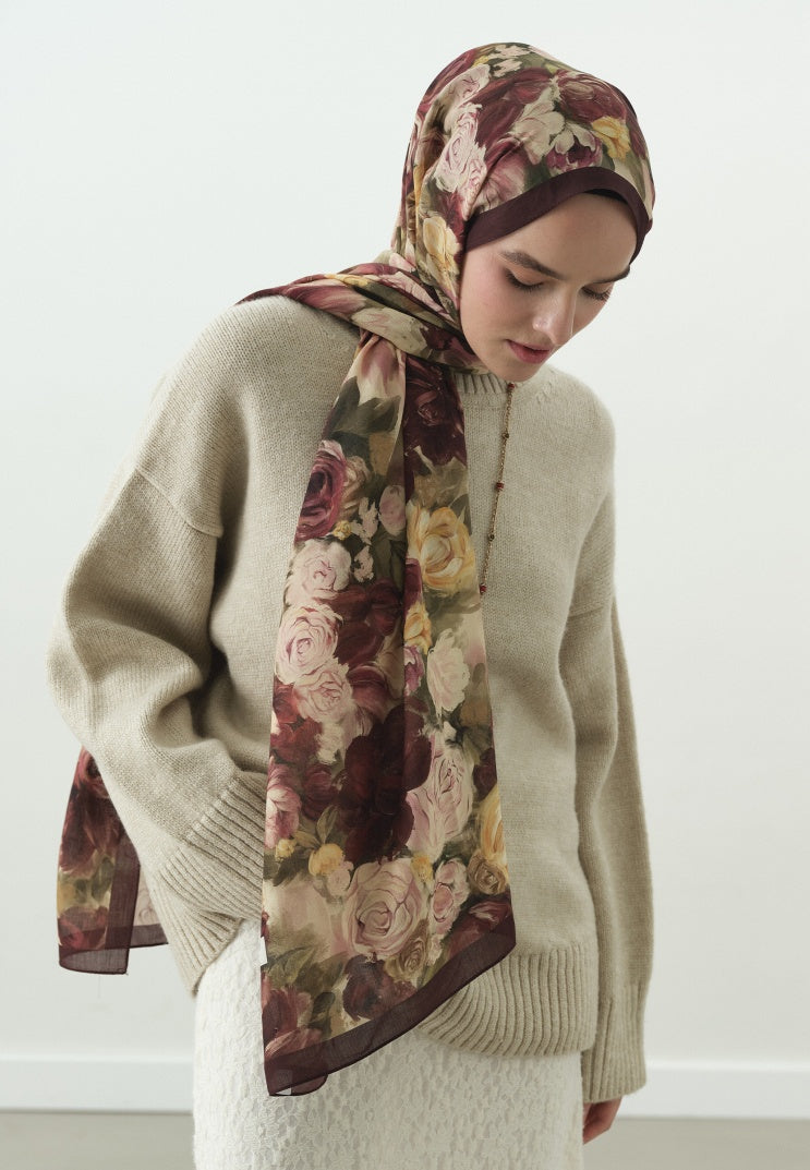 ROSE BREEZE PATTERNED COTTON VISCOSE HIJAB BURGUNDY