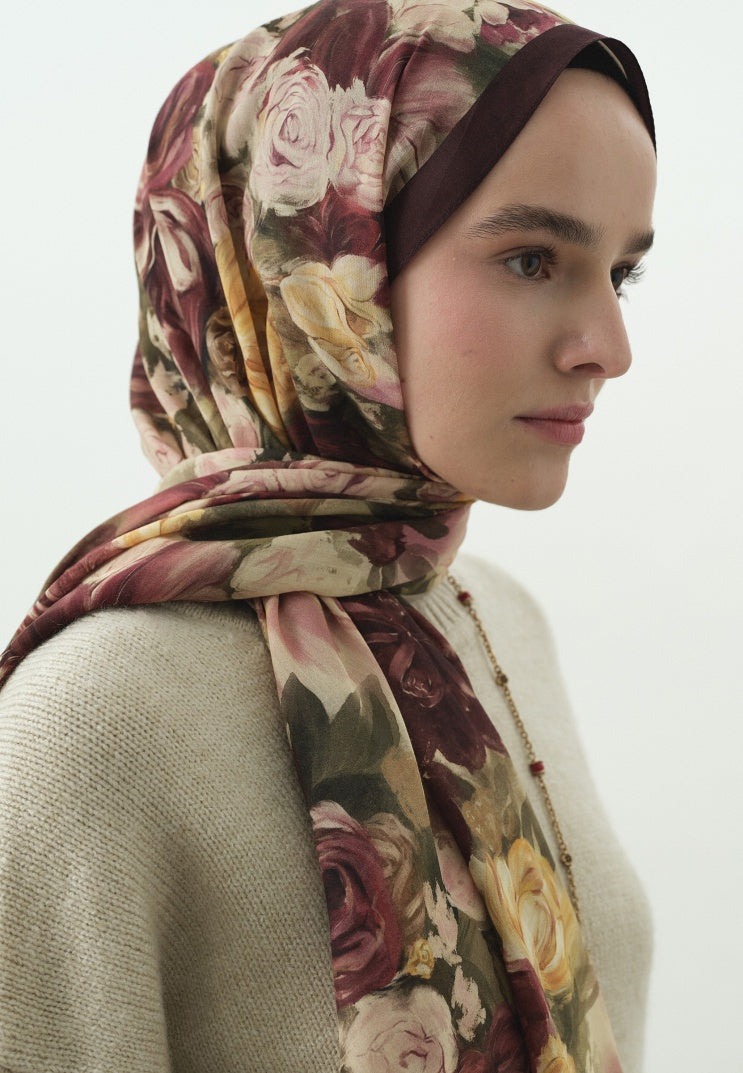 ROSE BREEZE PATTERNED COTTON VISCOSE HIJAB BURGUNDY
