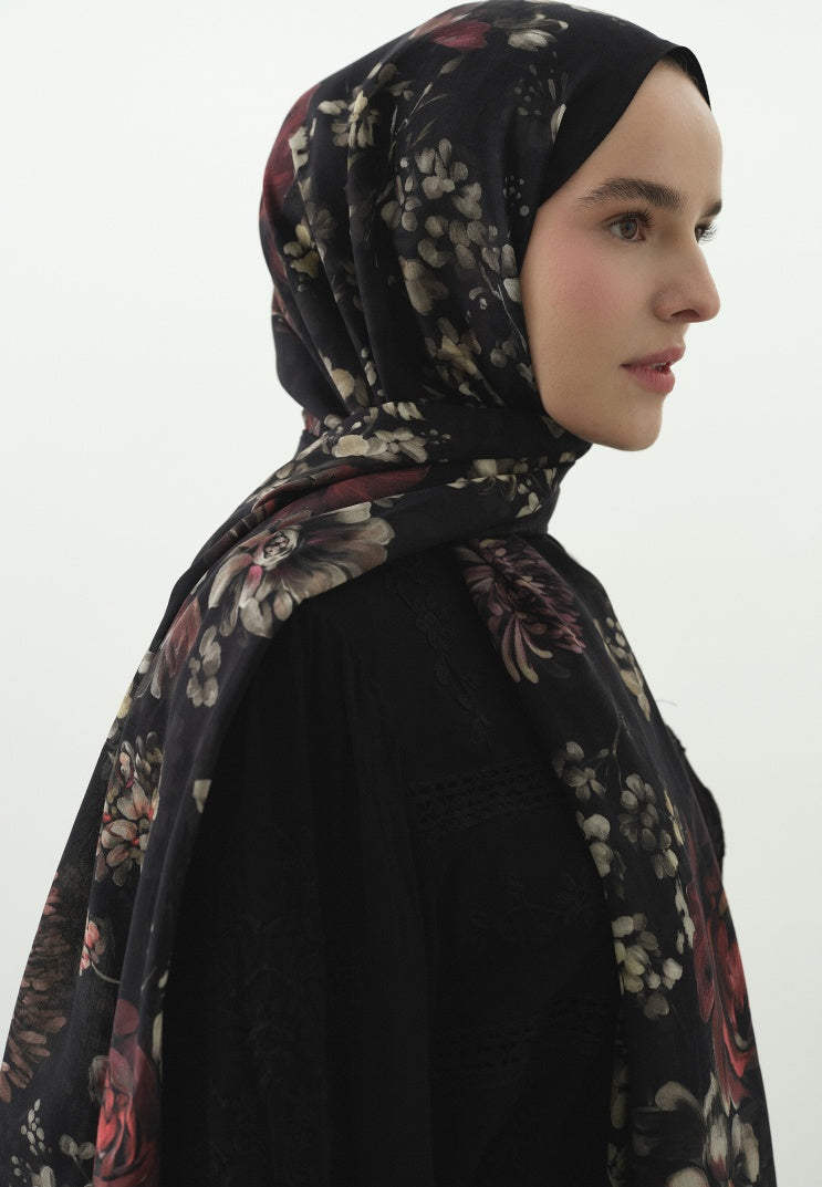 MIDNIGHT ROSE PATTERNED COTTON VISCOSE HIJAB BLACK