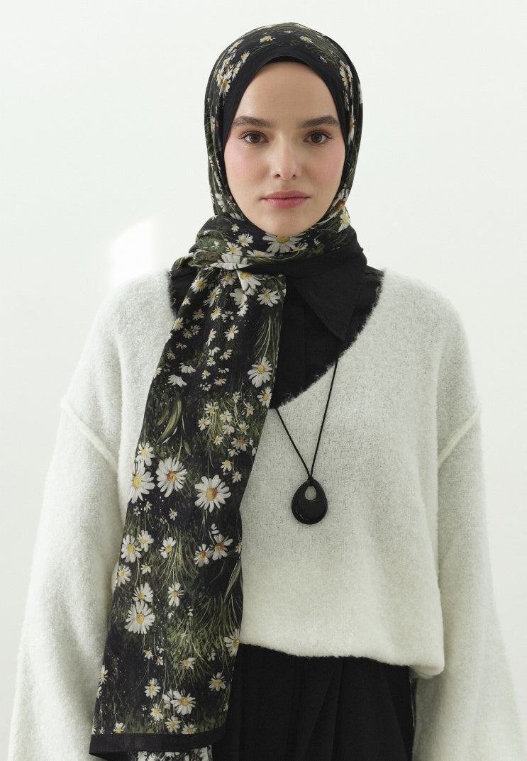 TINY DAISY PATTERNED COTTON VISCOSE HIJAB BLACK
