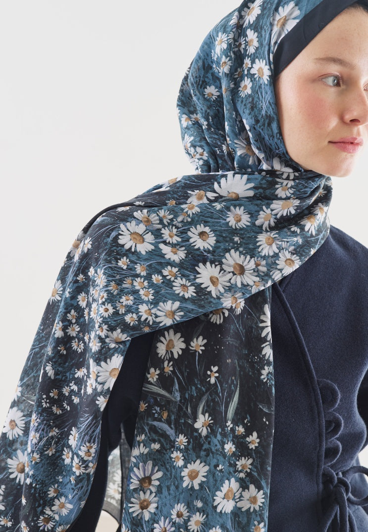 TINY DAISY PATTERNED COTTON VISCOSE HIJAB NAVY