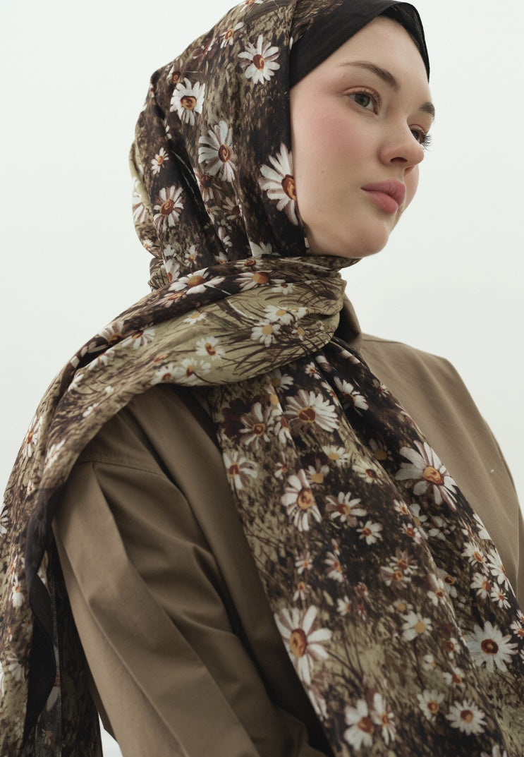 TINY DAISY PATTERNED COTTON VISCOSE HIJAB MINK