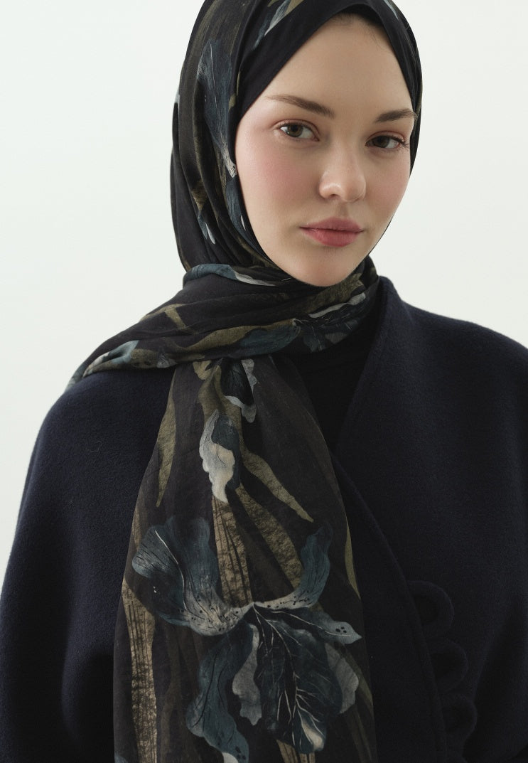 ZELINDA PATTERNED COTTON VISCOSE HIJAB BLACK