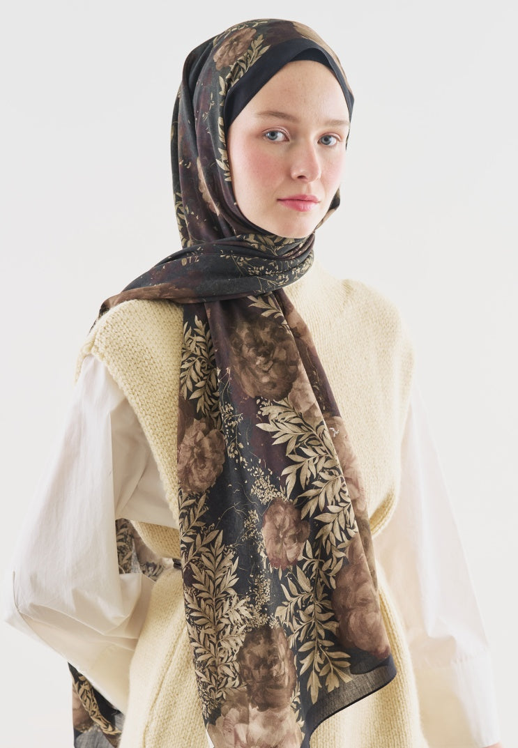 SOFT HIBISCUS PATTERNED COTTON VISCOSE HIJAB BLACK