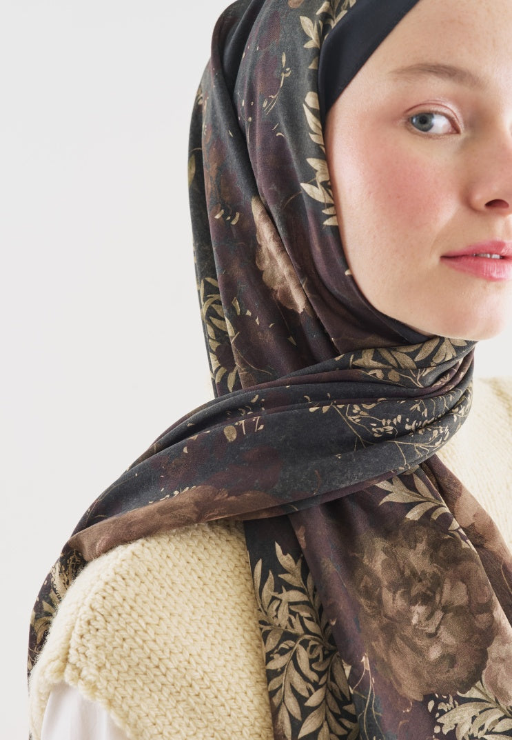 SOFT HIBISCUS PATTERNED COTTON VISCOSE HIJAB BLACK