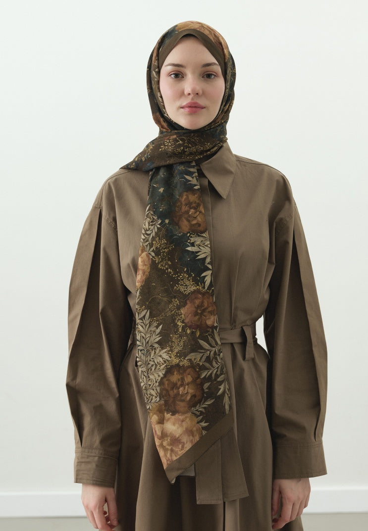 SOFT HIBISCUS PATTERNED COTTON VISCOSE HIJAB KHAKI