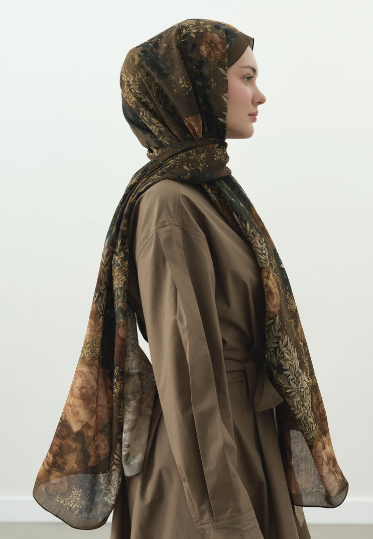 SOFT HIBISCUS PATTERNED COTTON VISCOSE HIJAB KHAKI