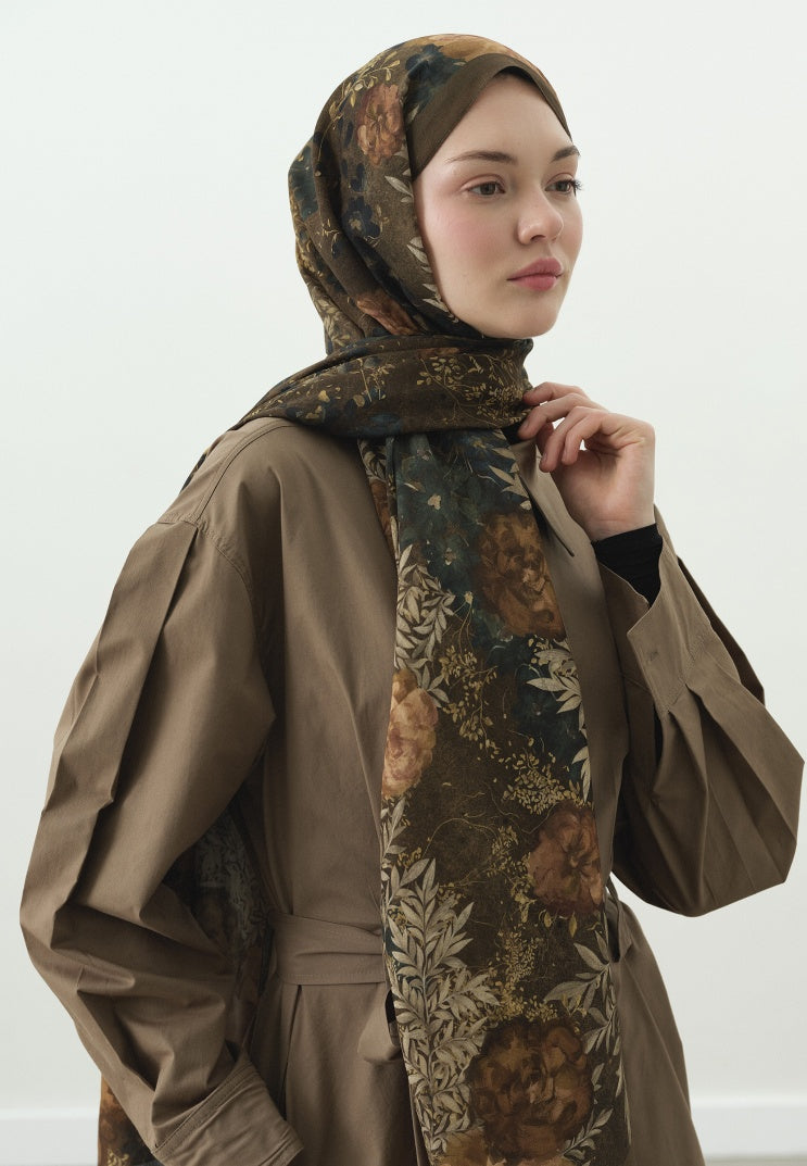 SOFT HIBISCUS PATTERNED COTTON VISCOSE HIJAB KHAKI