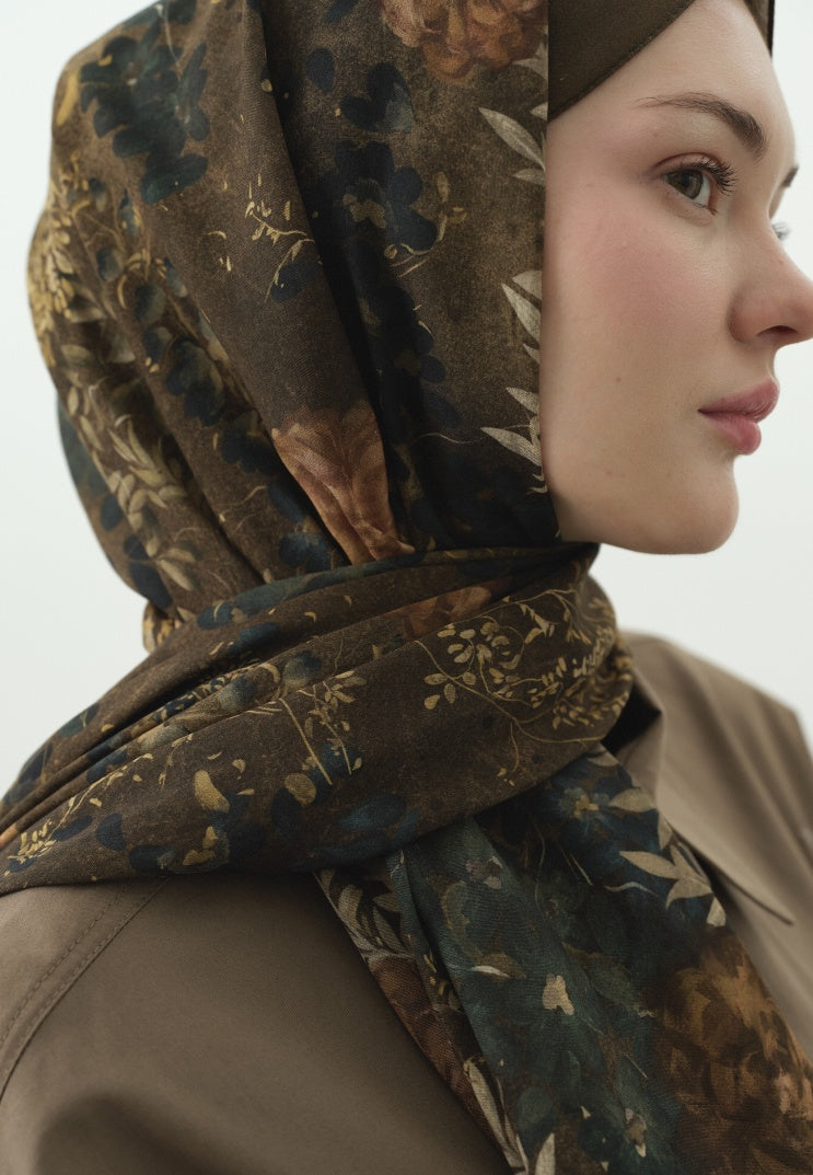 SOFT HIBISCUS PATTERNED COTTON VISCOSE HIJAB KHAKI
