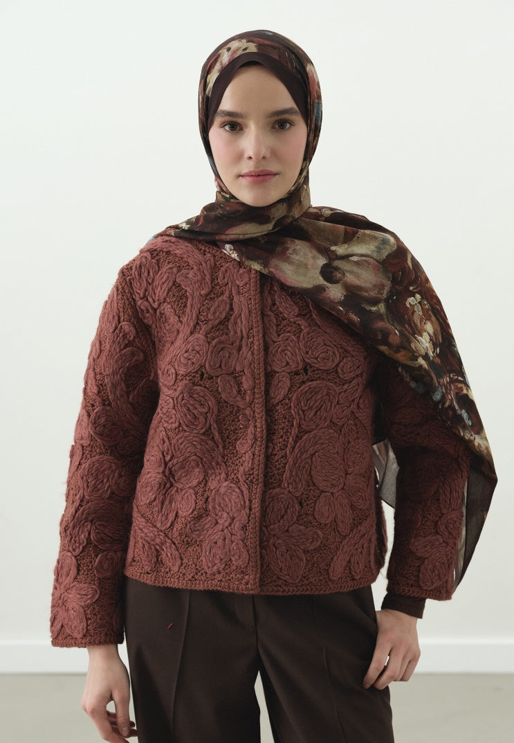 SWEET VANILLA PATTERNED COTTON VISCOSE HIJAB DARK BURGUNDY