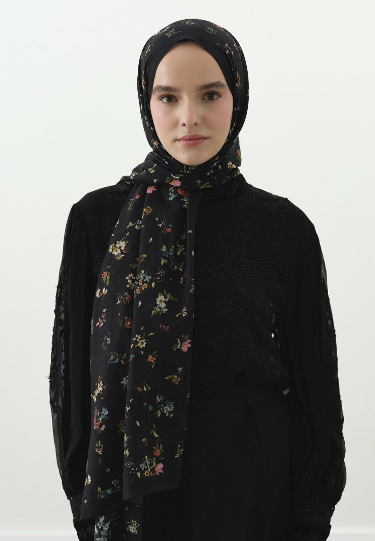 TINY BLOOMS PATTERNED COTTON VISCOSE HIJAB BLACK
