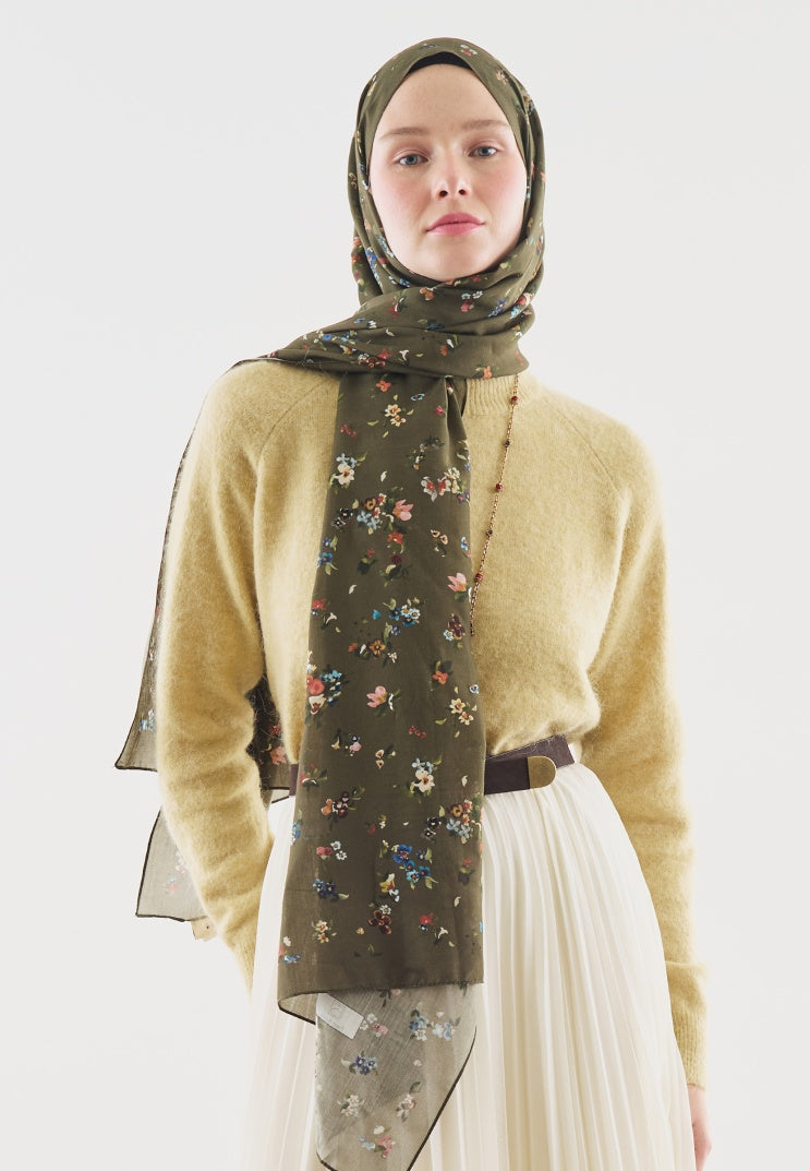 TINY BLOOMS PATTERNED COTTON VISCOSE HIJAB KHAKI