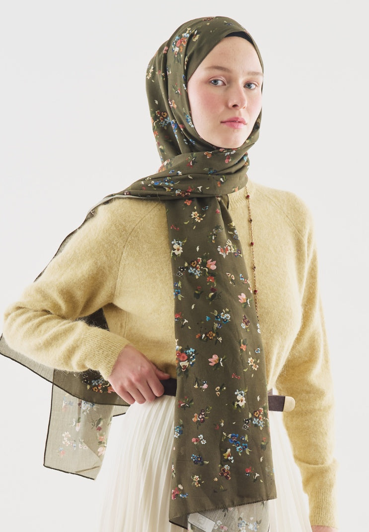 TINY BLOOMS PATTERNED COTTON VISCOSE HIJAB KHAKI