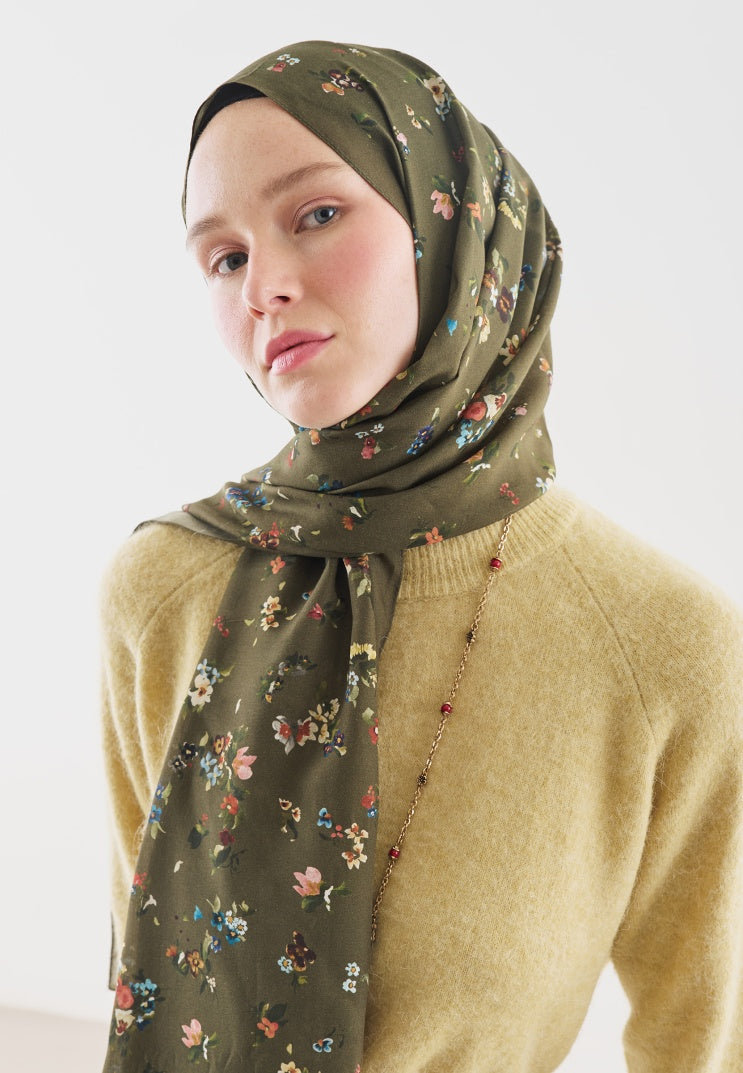 TINY BLOOMS PATTERNED COTTON VISCOSE HIJAB KHAKI