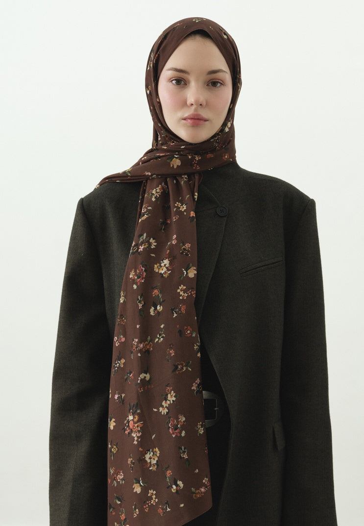 TINY BLOOMS PATTERNED COTTON VISCOSE HIJAB WARM BROWN