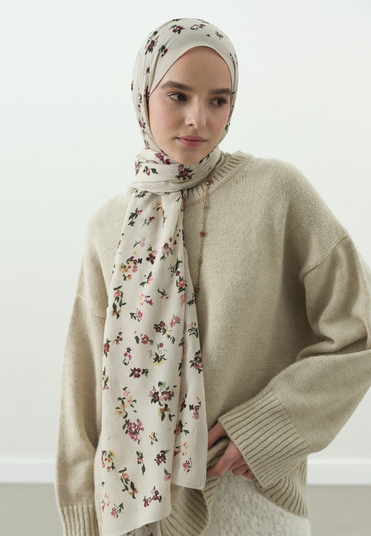 TINY BLOOMS PATTERNED COTTON VISCOSE HIJAB BEIGE