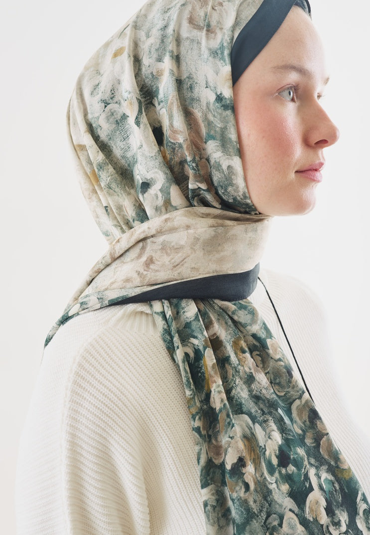 PEARLIE PATTERNED COTTON VISCOSE HIJAB DARK GREEN
