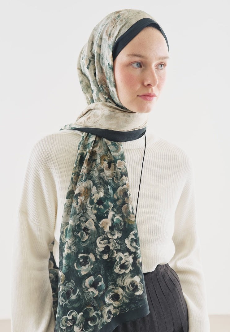 PEARLIE PATTERNED COTTON VISCOSE HIJAB DARK GREEN