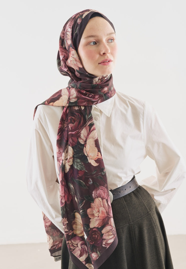 ROSINE PATTERNED COTTON VISCOSE HIJAB BURGUNDY