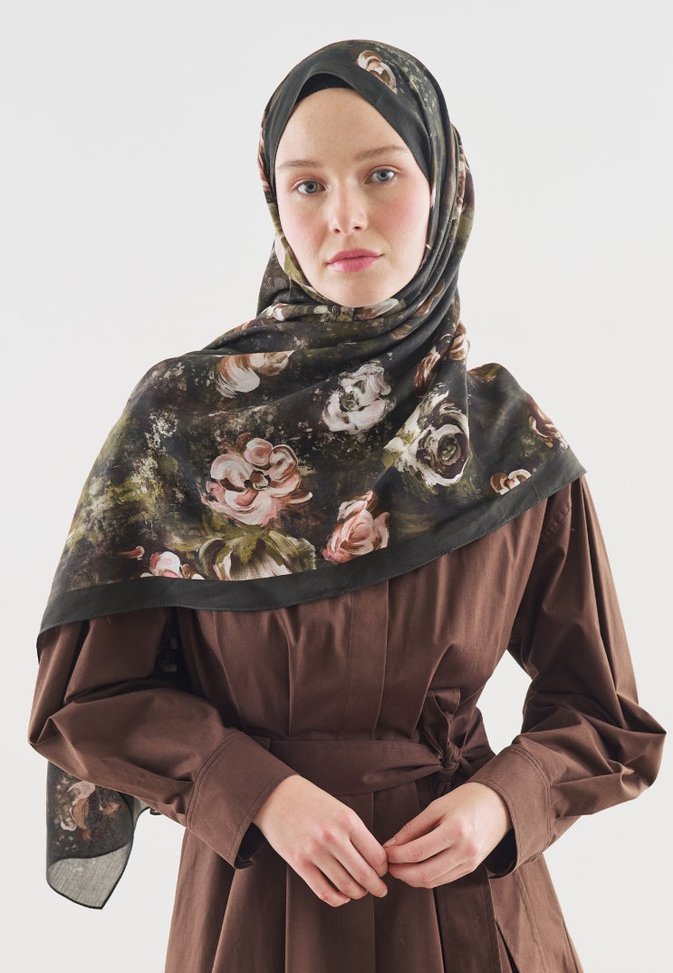 MADELEINE PATTERNED COTTON VISCOSE HIJAB MILITARY GREEN