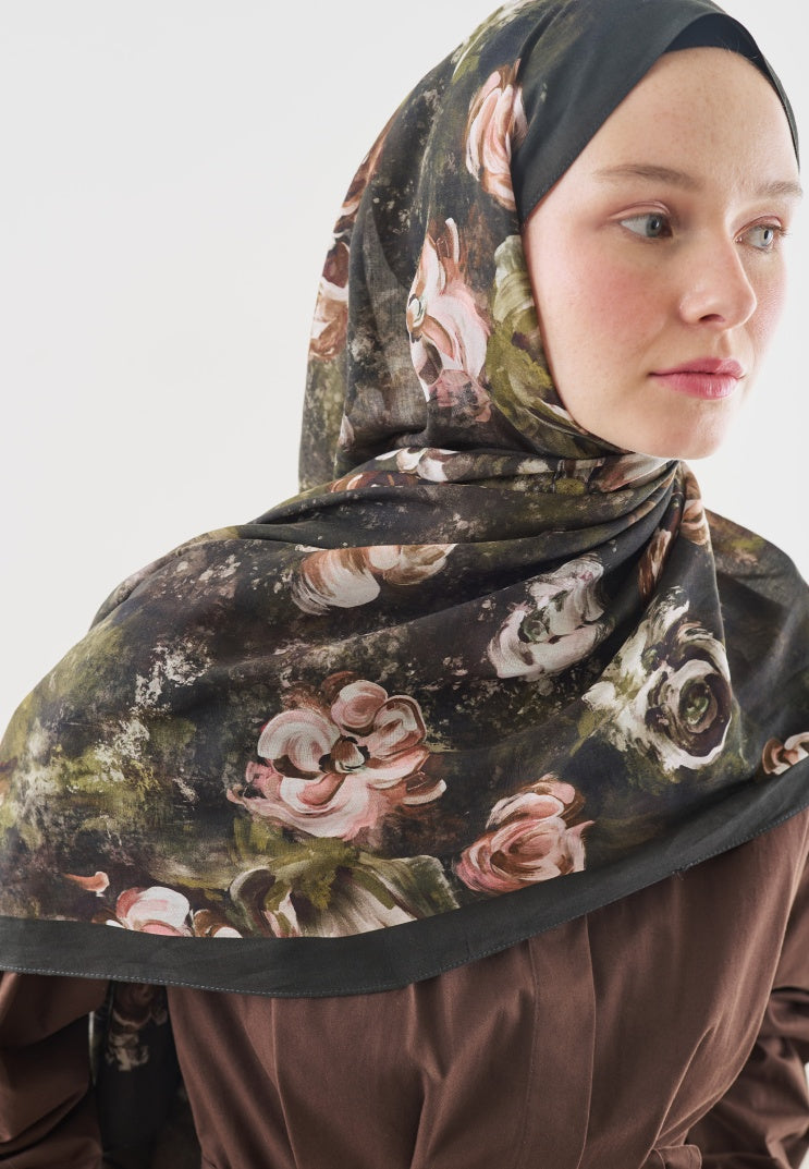 MADELEINE PATTERNED COTTON VISCOSE HIJAB MILITARY GREEN