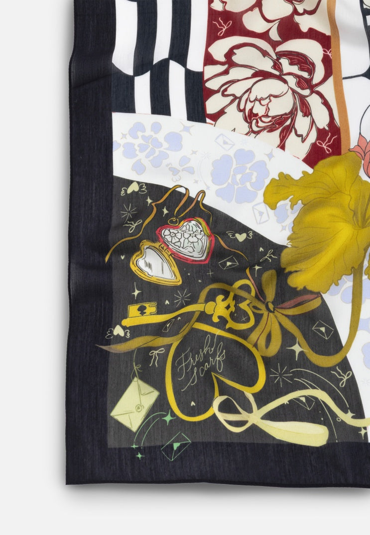 TALES OF LOVE PATTERNED FLOSS VISCOSE SCARF BLACK STORM