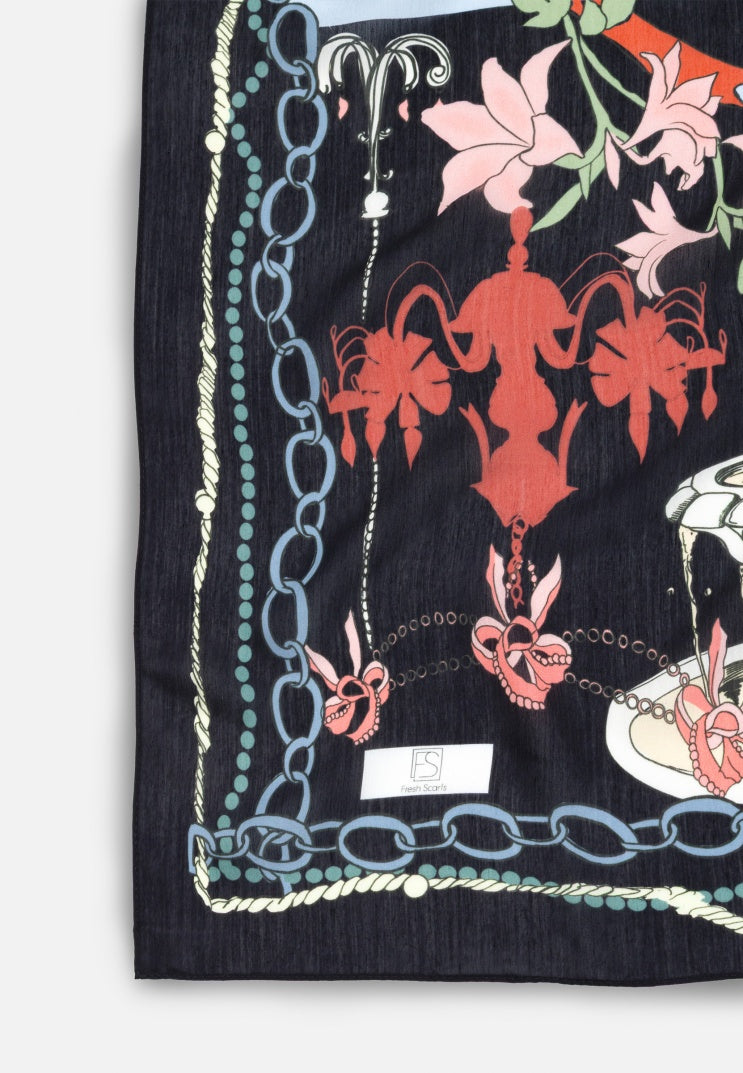 FAIRYTALE CASTLE PATTERNED FLOSS VISCOSE SCARF BLACK