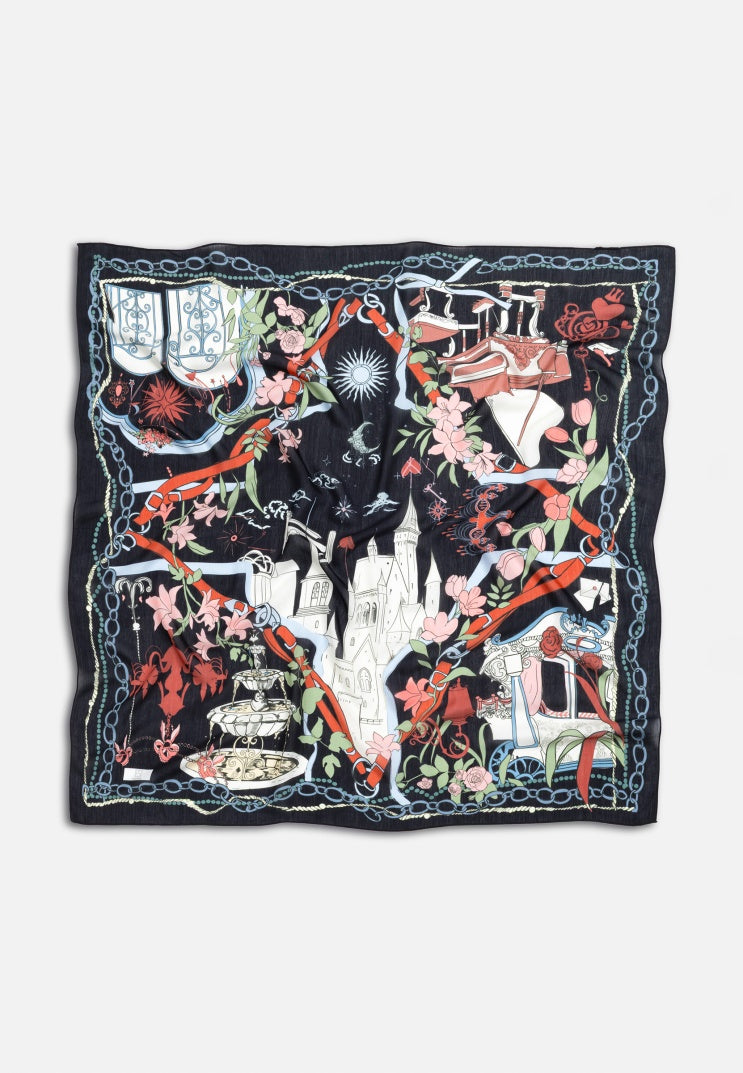 FAIRYTALE CASTLE PATTERNED FLOSS VISCOSE SCARF BLACK