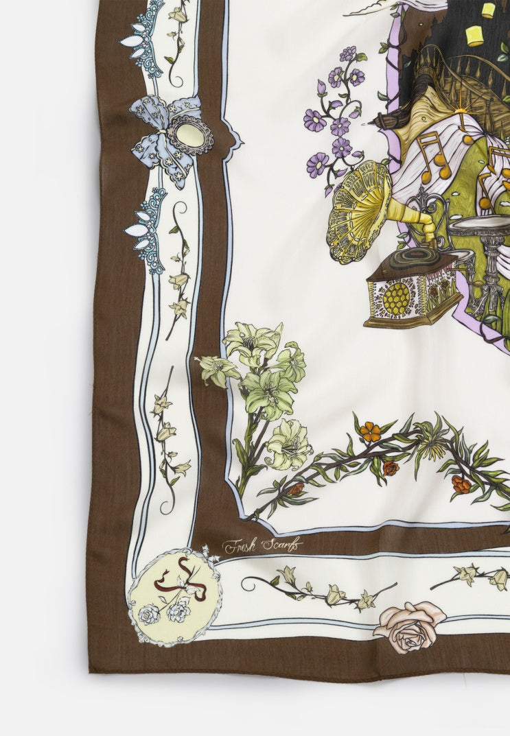 ENCHANTED MELODY PATTERNED FLOSS VISCOSE SCARF COFFEE CREAM