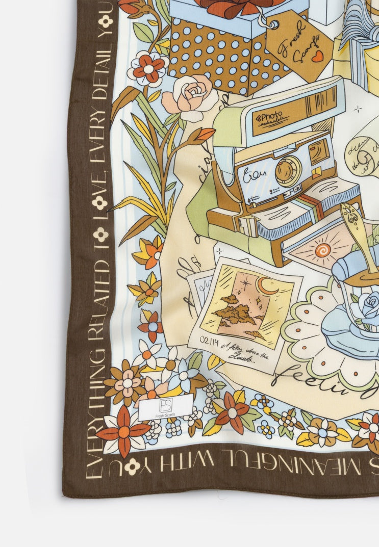 A CINDERELLA’S DREAM PATTERNED FLOSS VISCOSE SCARF COFFEE CREAM