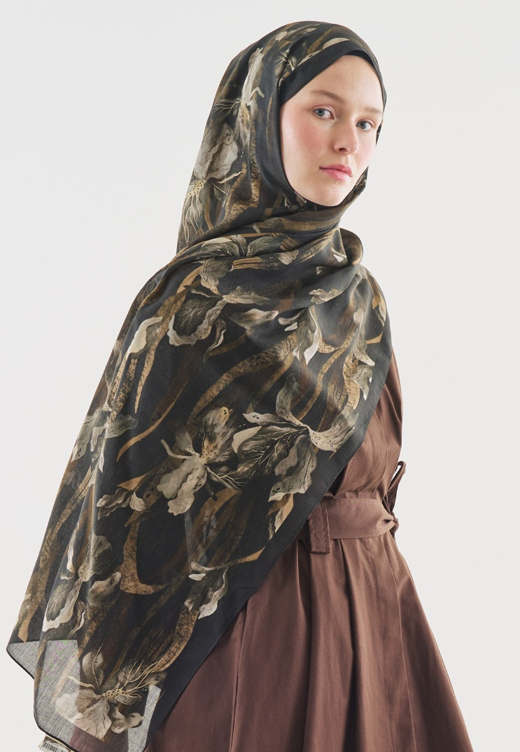 ZELINDA PATTERNED COTTON VISCOSE HIJAB DARK BROWN