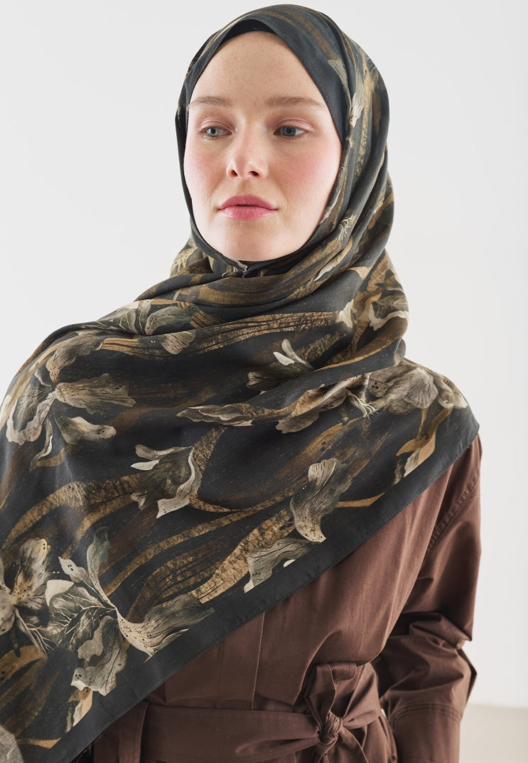 ZELINDA PATTERNED COTTON VISCOSE HIJAB DARK BROWN