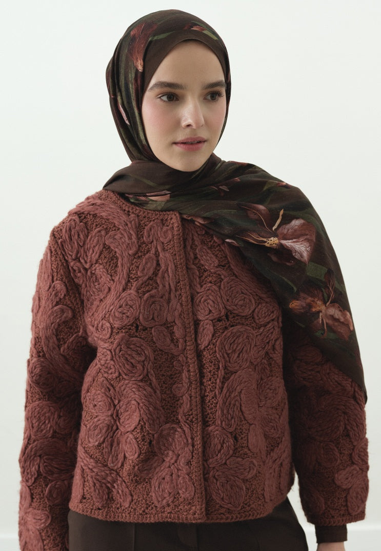 ZELINDA PATTERNED COTTON VISCOSE HIJAB CHOCOLATE BROWN