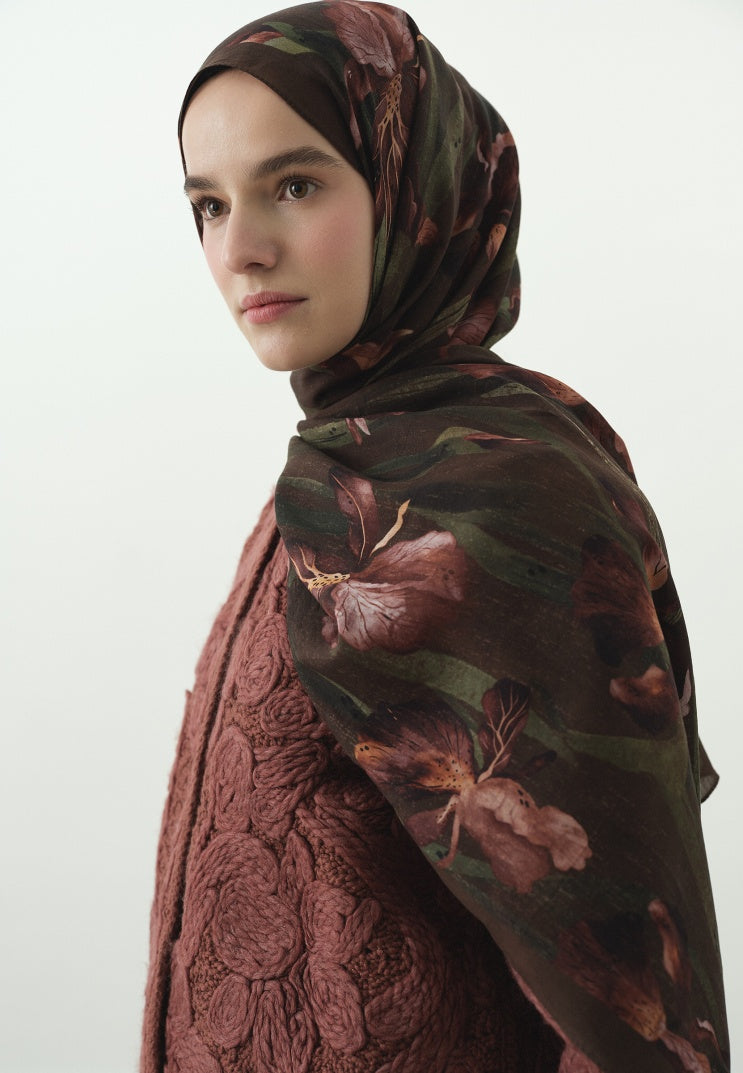 ZELINDA PATTERNED COTTON VISCOSE HIJAB CHOCOLATE BROWN